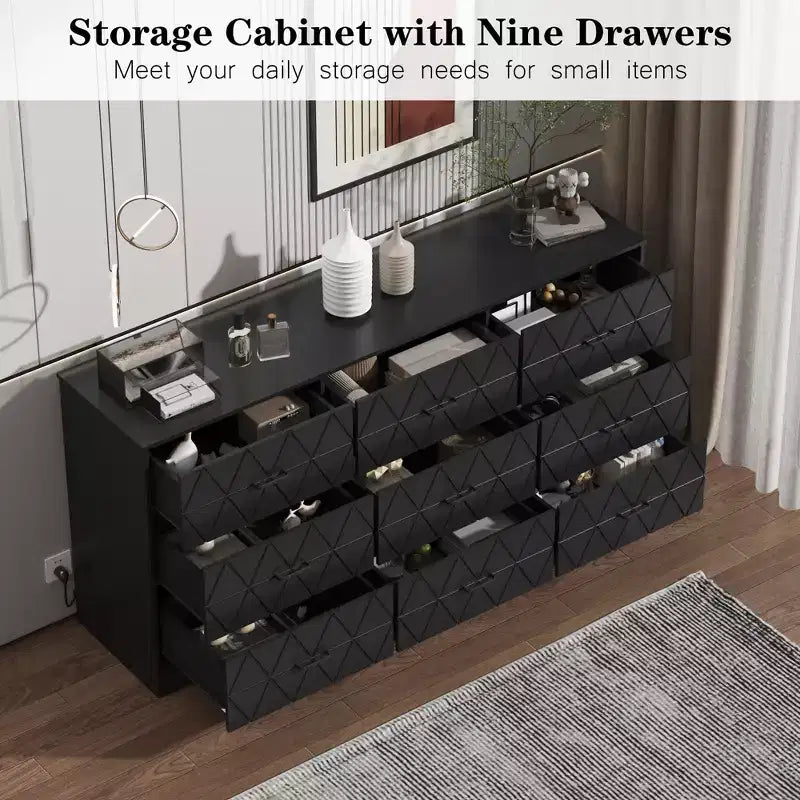 Comò a 9 cassetti, Cassettiera moderna in legno, Mobile TV con cassetti, Organizzatore cassetti in legno con presa di corrente per camera da letto, soggiorno