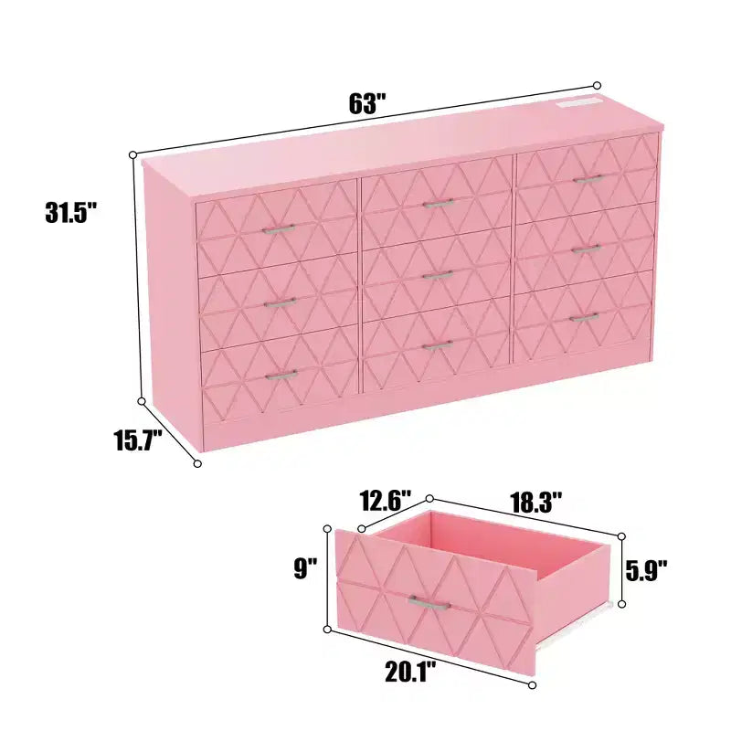 Comò a 9 cassetti, Cassettiera moderna in legno, Mobile TV con cassetti, Organizzatore cassetti in legno con presa di corrente per camera da letto, soggiorno