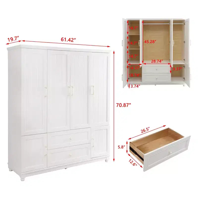 Keloyid Seusar White Wood Armadio da 156 cm con 2 cassetti, bastone appendiabiti e ripiani