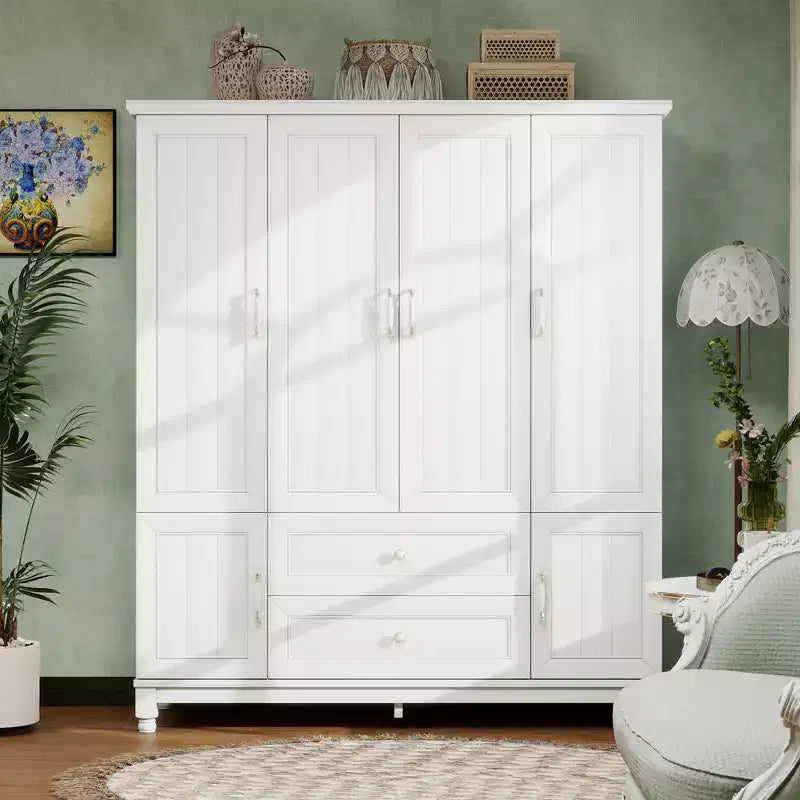 Keloyid Seusar White Wood Armadio da 156 cm con 2 cassetti, bastone appendiabiti e ripiani