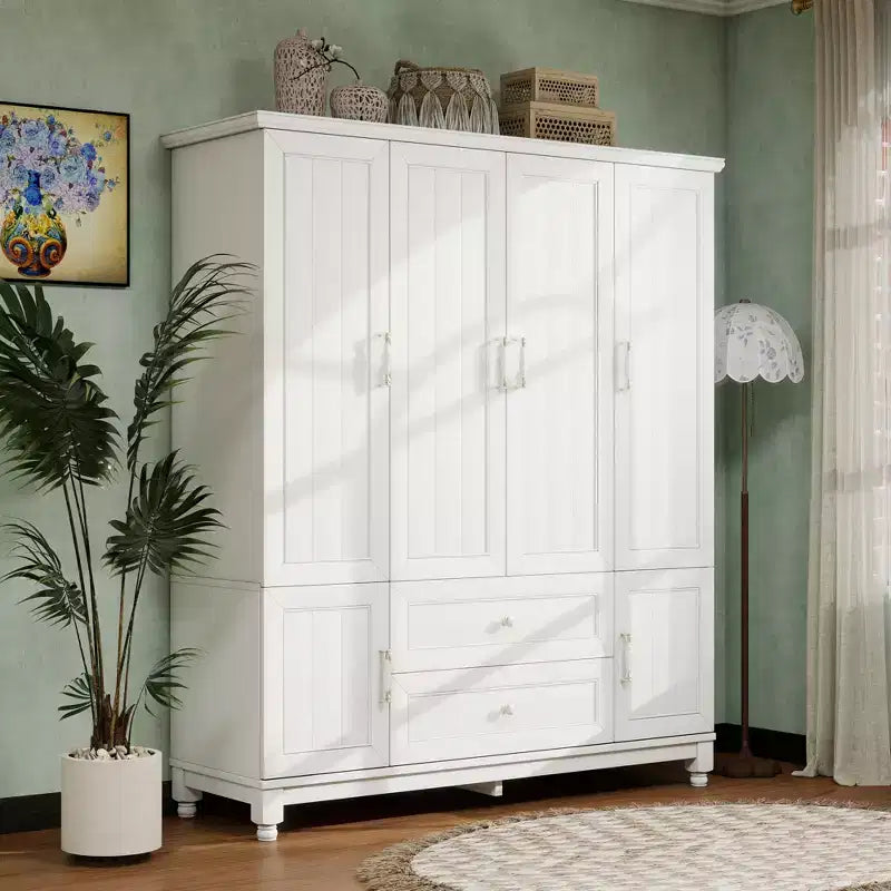 Keloyid Seusar White Wood Armadio da 156 cm con 2 cassetti, bastone appendiabiti e ripiani