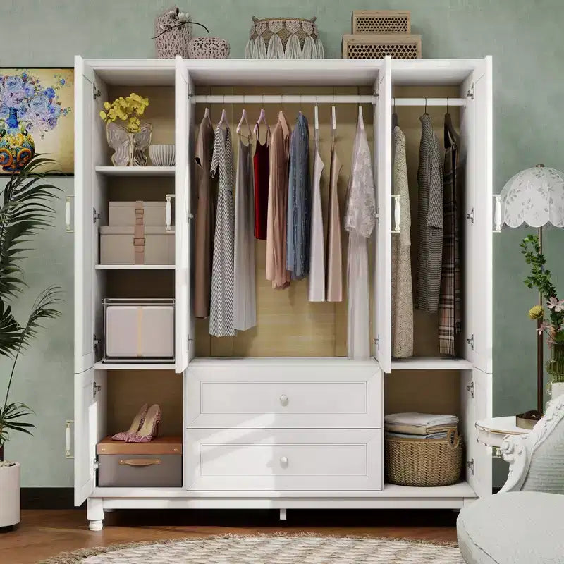 Keloyid Seusar White Wood Armadio da 156 cm con 2 cassetti, bastone appendiabiti e ripiani