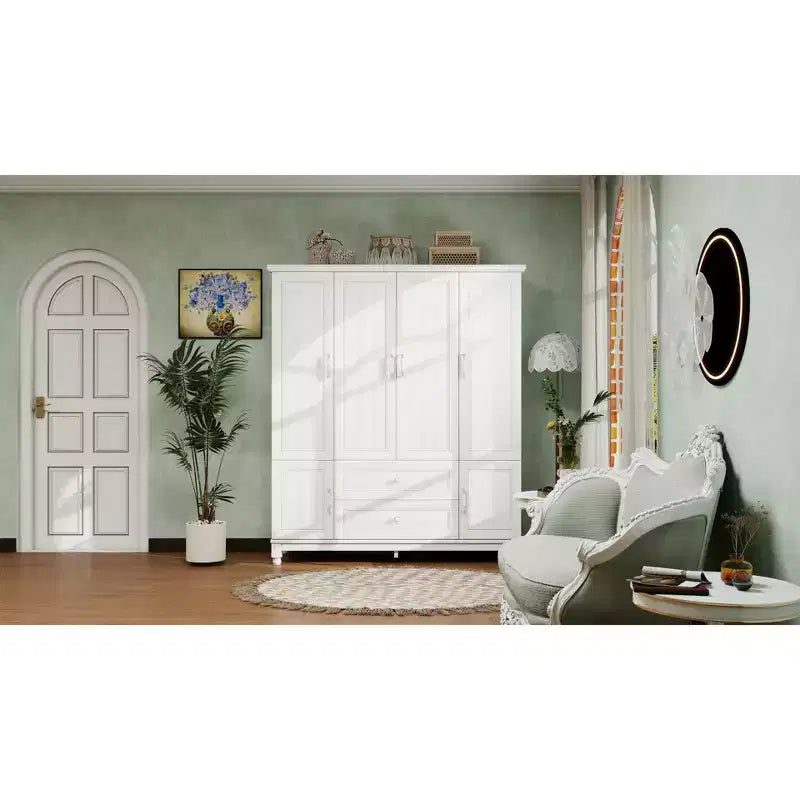 Keloyid Seusar White Wood Armadio da 156 cm con 2 cassetti, bastone appendiabiti e ripiani