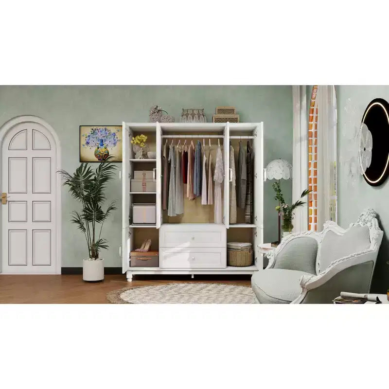 Keloyid Seusar White Wood Armadio da 156 cm con 2 cassetti, bastone appendiabiti e ripiani
