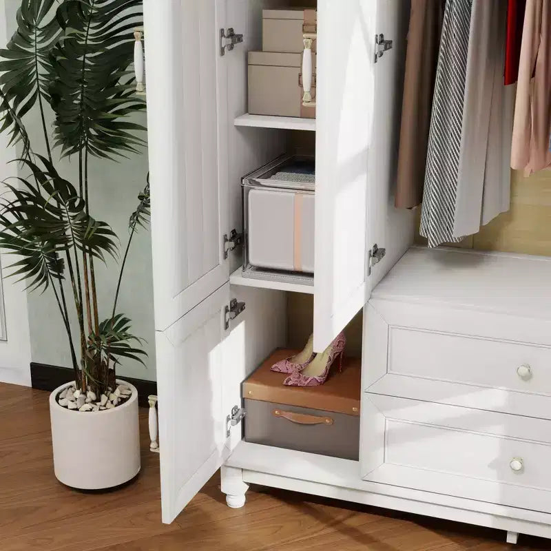 Keloyid Seusar White Wood Armadio da 156 cm con 2 cassetti, bastone appendiabiti e ripiani