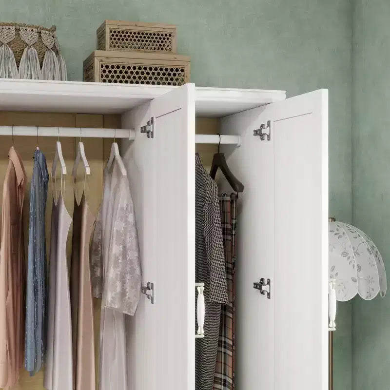 Keloyid Seusar White Wood Armadio da 156 cm con 2 cassetti, bastone appendiabiti e ripiani