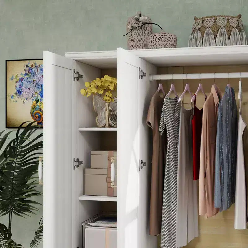 Keloyid Seusar White Wood Armadio da 156 cm con 2 cassetti, bastone appendiabiti e ripiani