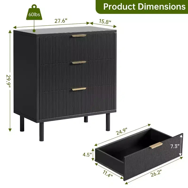 Cassettiera a 3 cassetti scanalata, comò in legno con contenitore, comodino moderno ampio con gambe e maniglie in metallo per camera da letto, soggiorno, corridoio