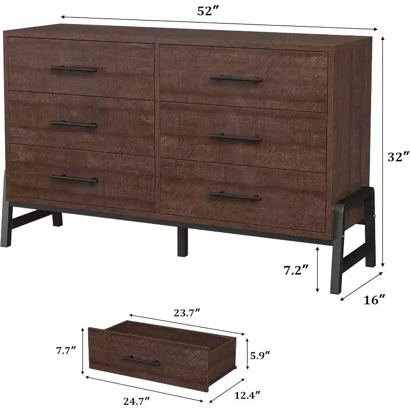 Cassettiera a 6 cassetti larga 52", Comò in legno per camera da letto con grande capacità, Organizer autoportante per armadio per soggiorno e ingresso
