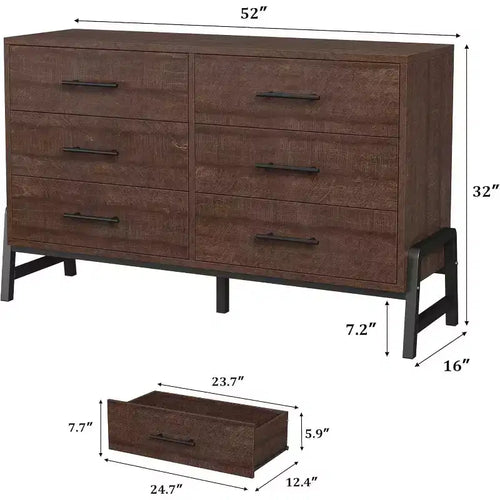 Cassettiera a 6 cassetti larga 52", Comò in legno per camera da letto con grande capacità, Organizer autoportante per armadio per soggiorno e ingresso