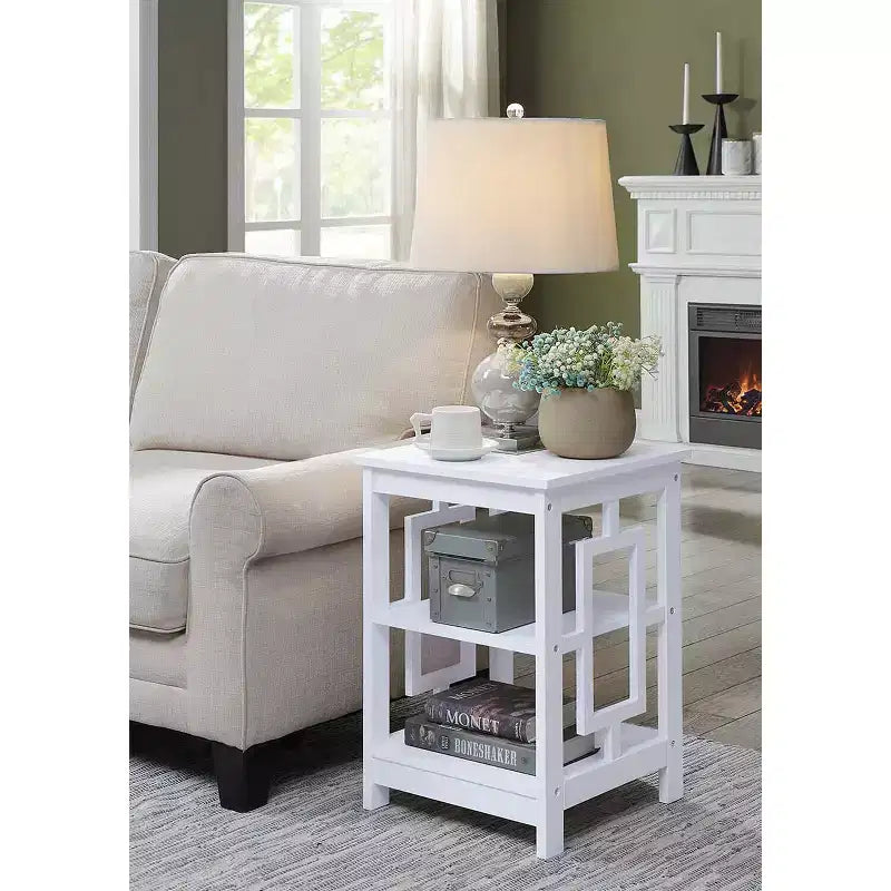 HomeStock Belmont Square End Table with Large Surface and Two Open Shelves, Symmetrical Frame Design, MDF Accent Side Table for Home Use