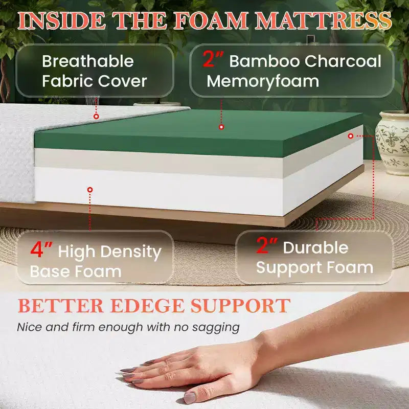 Materasso BestMassage da 8 pollici in memory foam con carbone di bambù, rigidità media, certificazione CertiPUR-US