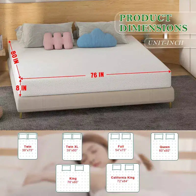 Materasso BestMassage da 8 pollici in memory foam con carbone di bambù, rigidità media, certificazione CertiPUR-US