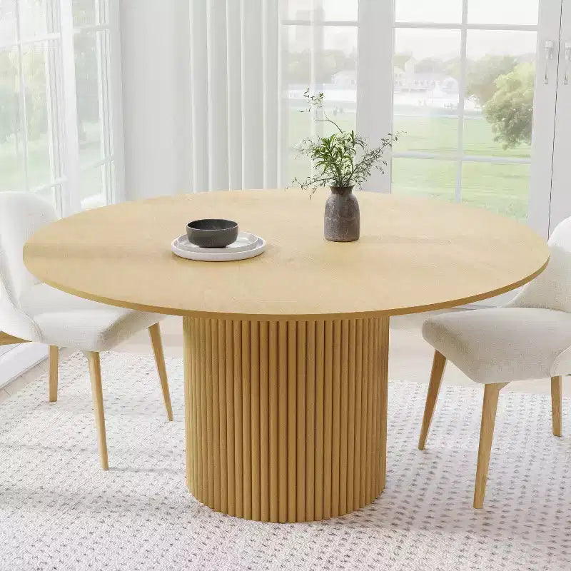 PexFix Tavolo da pranzo rotondo da 60 pollici in legno massello, tavolo da cucina per 6-8 persone con piano e gambe a cilindro concavo per soggiorno/sala da pranzo, caffè, ufficio, naturale