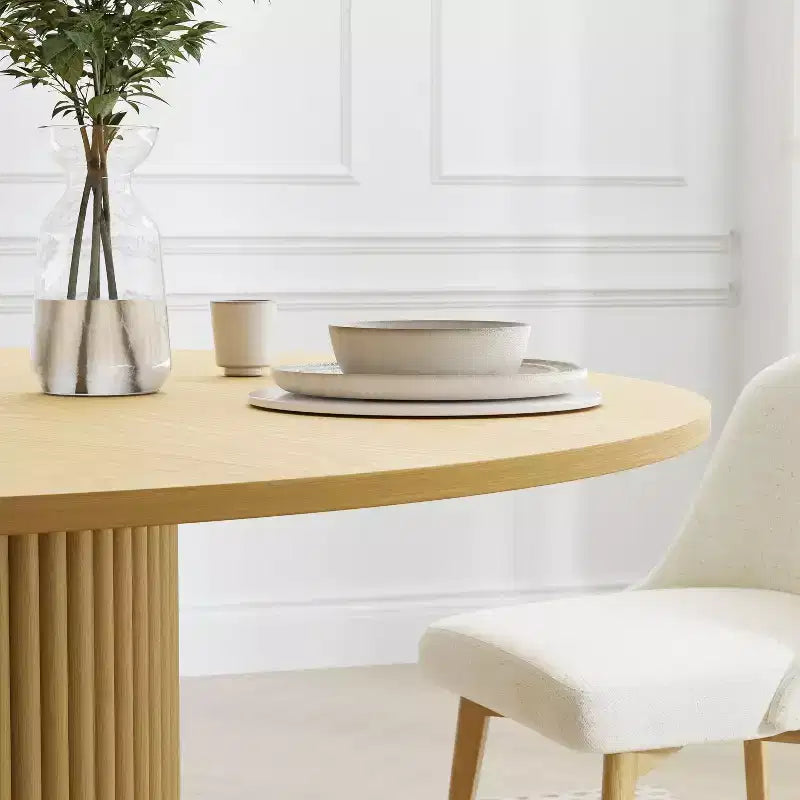 PexFix Tavolo da pranzo rotondo da 60 pollici in legno massello, tavolo da cucina per 6-8 persone con piano e gambe a cilindro concavo per soggiorno/sala da pranzo, caffè, ufficio, naturale