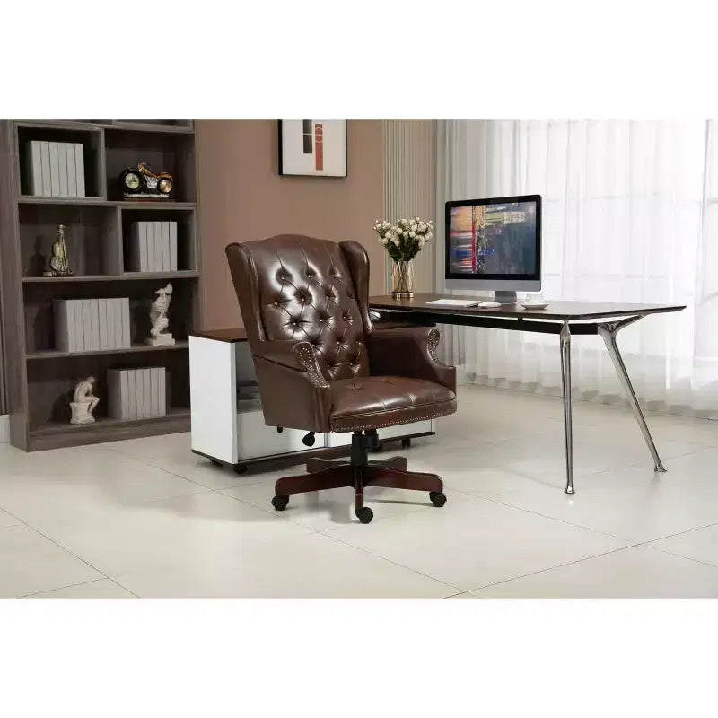 Sedia da Ufficio Direzionale Okak con Base Color Legno, Sedia Comoda con Schienale e Braccioli Imbottiti, Sedia Criss Cross per Ufficio, Studio
