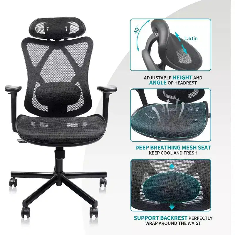 Sedia da ufficio ergonomica Okak Mesh, sedia da computer con supporto lombare, braccioli e poggiatesta regolabili, sedia criss cross per casa, ufficio, nera