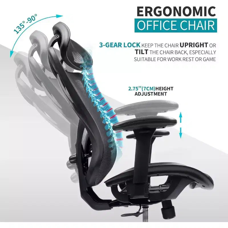 Sedia da ufficio ergonomica Okak Mesh, sedia da computer con supporto lombare, braccioli e poggiatesta regolabili, sedia criss cross per casa, ufficio, nera