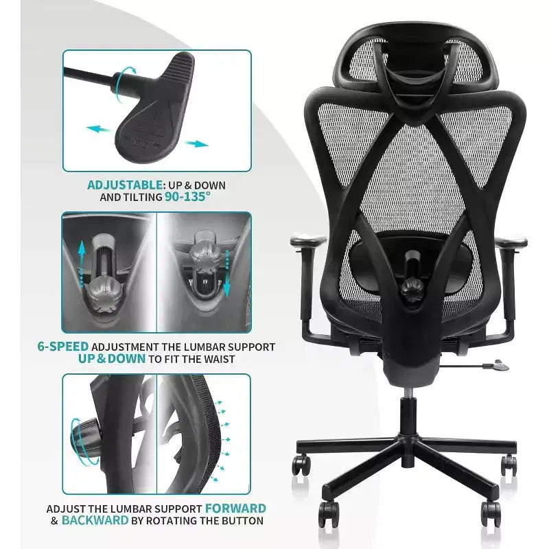 Sedia da ufficio ergonomica Okak Mesh, sedia da computer con supporto lombare, braccioli e poggiatesta regolabili, sedia criss cross per casa, ufficio, nera