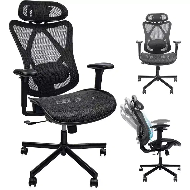 Sedia da ufficio ergonomica Okak Mesh, sedia da computer con supporto lombare, braccioli e poggiatesta regolabili, sedia criss cross per casa, ufficio, nera
