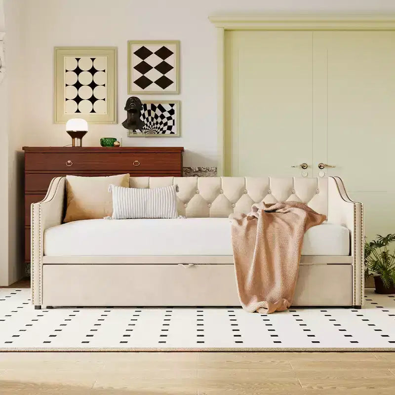 Bellemave Twin Size Upholstered Daybed with Pop-up Trundle,Twin DaybedFrame with Extendable Trundle,Tufted Sofa Bed Daybed,Bedroom,Living Room Beige