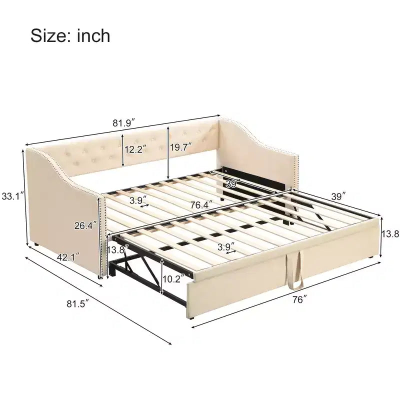 Bellemave Letto a giorno imbottito singolo con rotelle estraibili, Struttura letto a giorno singolo con rotelle estendibili, Letto a giorno divano trapuntato, Camera da letto, Soggiorno Beige