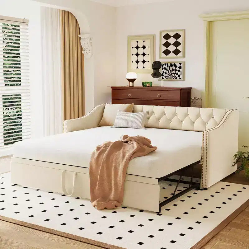 Bellemave Letto a giorno imbottito singolo con rotelle estraibili, Struttura letto a giorno singolo con rotelle estendibili, Letto a giorno divano trapuntato, Camera da letto, Soggiorno Beige
