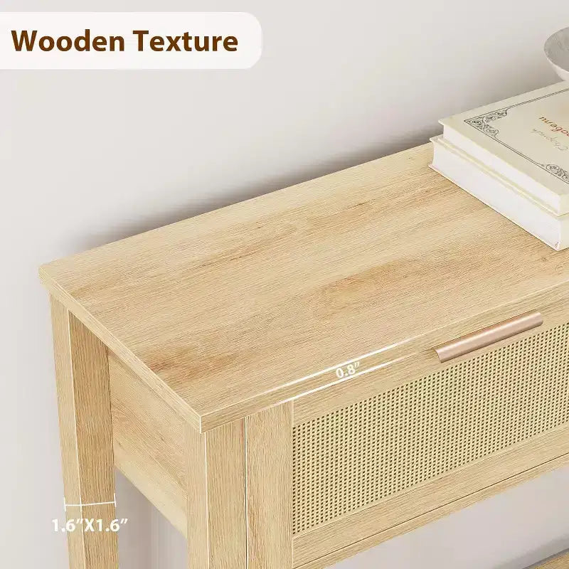 Consolle stretta in rattan, Tavolino da divano Boho con 2 cassetti, Mobile d'ingresso a 2 livelli, Tavolo dietro al divano per soggiorno e corridoio