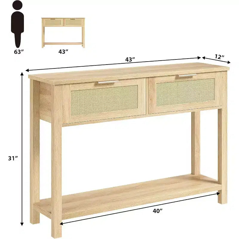 Consolle stretta in rattan, Tavolino da divano Boho con 2 cassetti, Mobile d'ingresso a 2 livelli, Tavolo dietro al divano per soggiorno e corridoio