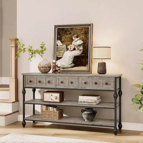 52-Inch Industrial Console Table with 3 Drawers, 3-Tier Entryway and Sofa Table, Metal Frame Behind Couch Table, Hallway Storage Table