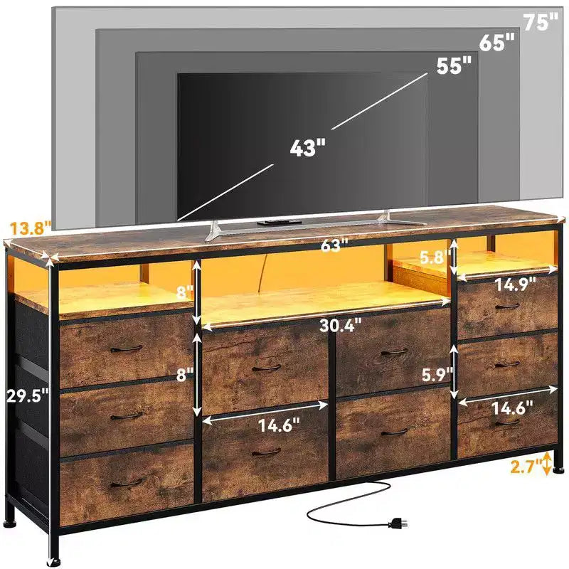 Mobile TV Comò Coolmee da 160 cm con 10 Cassetti, Mobile TV per Televisori da 65 70 75 Pollici, Cassettiera in Tessuto con Luce LED e Presa di Corrente, Centro di Intrattenimento Lungo