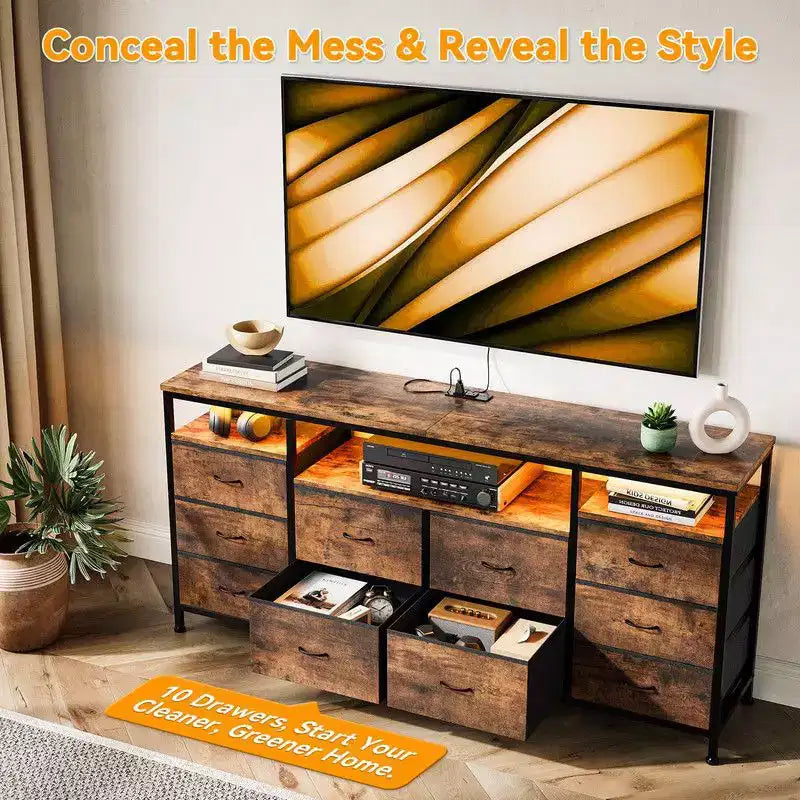 Mobile TV Comò Coolmee da 160 cm con 10 Cassetti, Mobile TV per Televisori da 65 70 75 Pollici, Cassettiera in Tessuto con Luce LED e Presa di Corrente, Centro di Intrattenimento Lungo