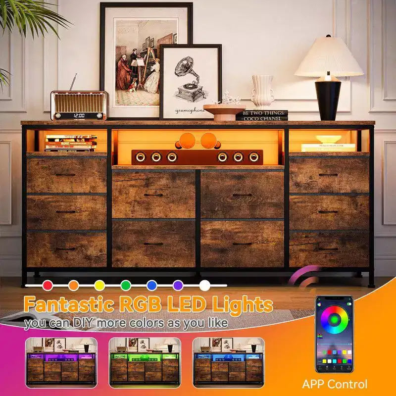 Mobile TV Comò Coolmee da 160 cm con 10 Cassetti, Mobile TV per Televisori da 65 70 75 Pollici, Cassettiera in Tessuto con Luce LED e Presa di Corrente, Centro di Intrattenimento Lungo