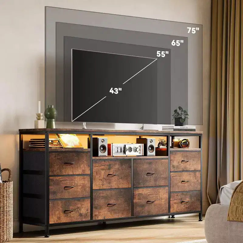 Mobile TV Comò Coolmee da 160 cm con 10 Cassetti, Mobile TV per Televisori da 65 70 75 Pollici, Cassettiera in Tessuto con Luce LED e Presa di Corrente, Centro di Intrattenimento Lungo