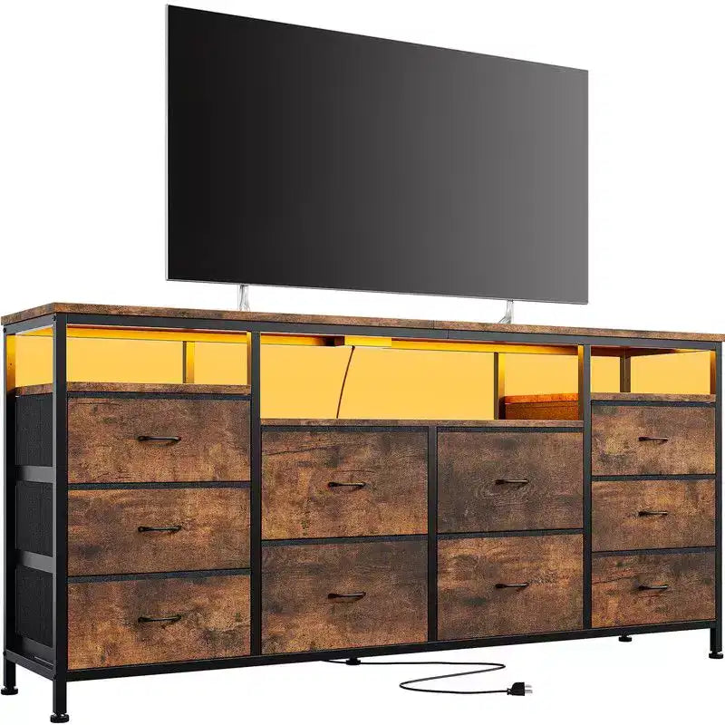 Mobile TV Comò Coolmee da 160 cm con 10 Cassetti, Mobile TV per Televisori da 65 70 75 Pollici, Cassettiera in Tessuto con Luce LED e Presa di Corrente, Centro di Intrattenimento Lungo