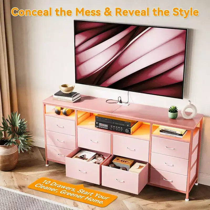Mobile TV Comò Coolmee da 160 cm con 10 Cassetti, Mobile TV per Televisori da 65 70 75 Pollici, Cassettiera in Tessuto con Luce LED e Presa di Corrente, Centro di Intrattenimento Lungo