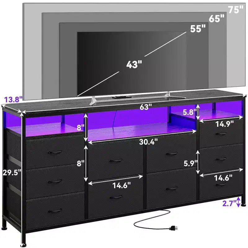 Mobile TV Comò Coolmee da 160 cm con 10 Cassetti, Mobile TV per Televisori da 65 70 75 Pollici, Cassettiera in Tessuto con Luce LED e Presa di Corrente, Centro di Intrattenimento Lungo
