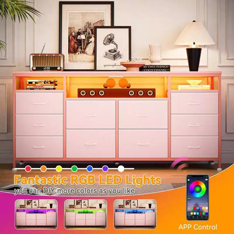 Mobile TV Comò Coolmee da 160 cm con 10 Cassetti, Mobile TV per Televisori da 65 70 75 Pollici, Cassettiera in Tessuto con Luce LED e Presa di Corrente, Centro di Intrattenimento Lungo