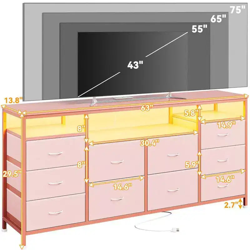 Mobile TV Comò Coolmee da 160 cm con 10 Cassetti, Mobile TV per Televisori da 65 70 75 Pollici, Cassettiera in Tessuto con Luce LED e Presa di Corrente, Centro di Intrattenimento Lungo