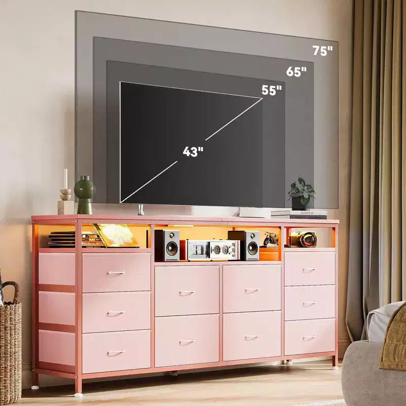 Mobile TV Comò Coolmee da 160 cm con 10 Cassetti, Mobile TV per Televisori da 65 70 75 Pollici, Cassettiera in Tessuto con Luce LED e Presa di Corrente, Centro di Intrattenimento Lungo
