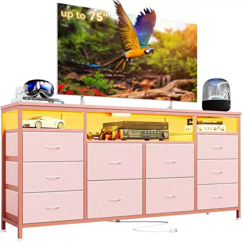Mobile TV Comò Coolmee da 160 cm con 10 Cassetti, Mobile TV per Televisori da 65 70 75 Pollici, Cassettiera in Tessuto con Luce LED e Presa di Corrente, Centro di Intrattenimento Lungo