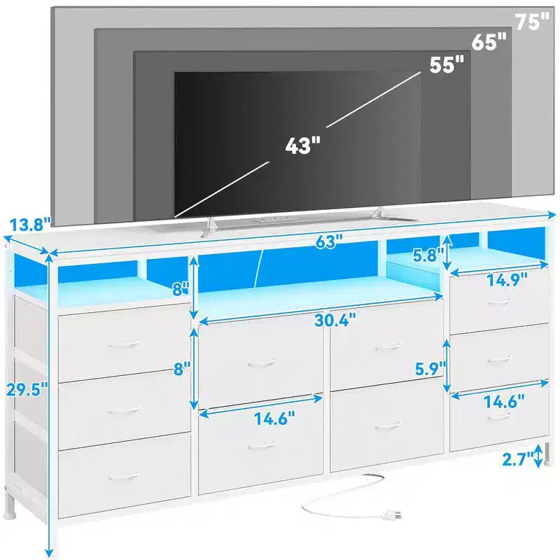 Mobile TV Comò Coolmee da 160 cm con 10 Cassetti, Mobile TV per Televisori da 65 70 75 Pollici, Cassettiera in Tessuto con Luce LED e Presa di Corrente, Centro di Intrattenimento Lungo