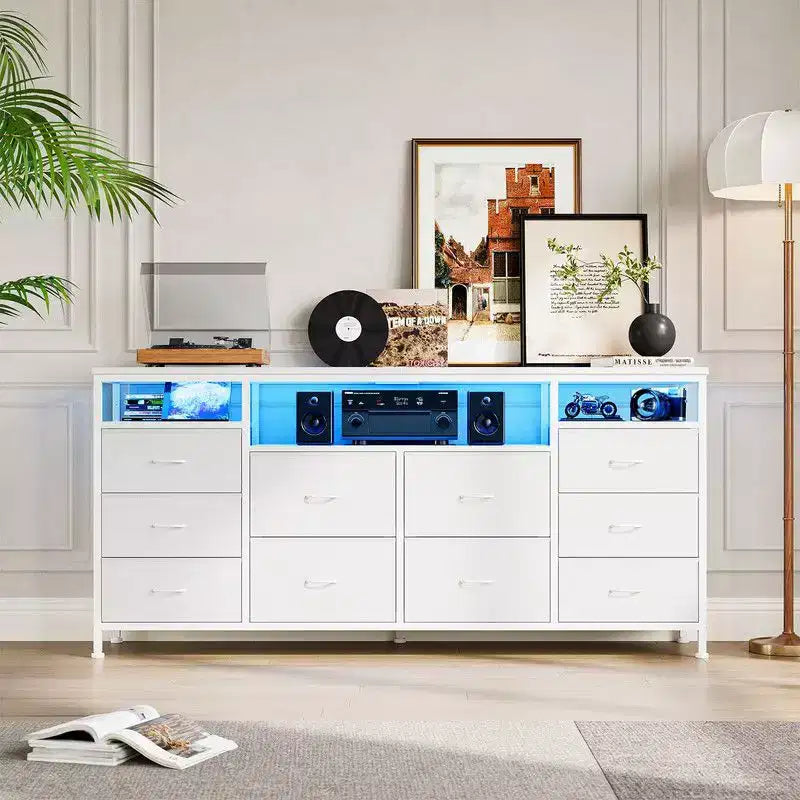 Mobile TV Comò Coolmee da 160 cm con 10 Cassetti, Mobile TV per Televisori da 65 70 75 Pollici, Cassettiera in Tessuto con Luce LED e Presa di Corrente, Centro di Intrattenimento Lungo