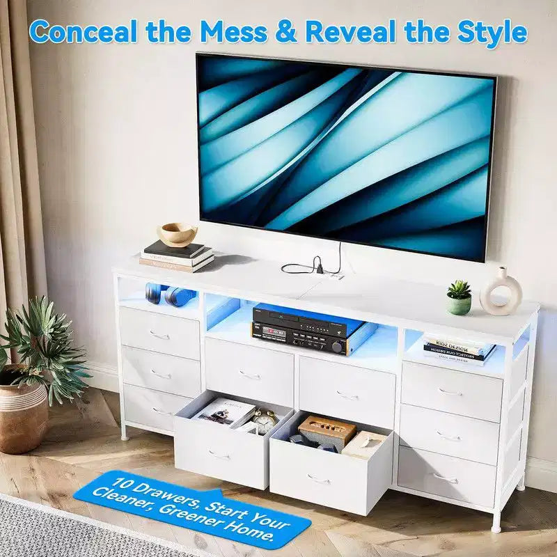 Mobile TV Comò Coolmee da 160 cm con 10 Cassetti, Mobile TV per Televisori da 65 70 75 Pollici, Cassettiera in Tessuto con Luce LED e Presa di Corrente, Centro di Intrattenimento Lungo