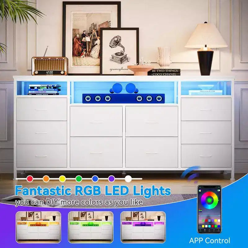Mobile TV Comò Coolmee da 160 cm con 10 Cassetti, Mobile TV per Televisori da 65 70 75 Pollici, Cassettiera in Tessuto con Luce LED e Presa di Corrente, Centro di Intrattenimento Lungo