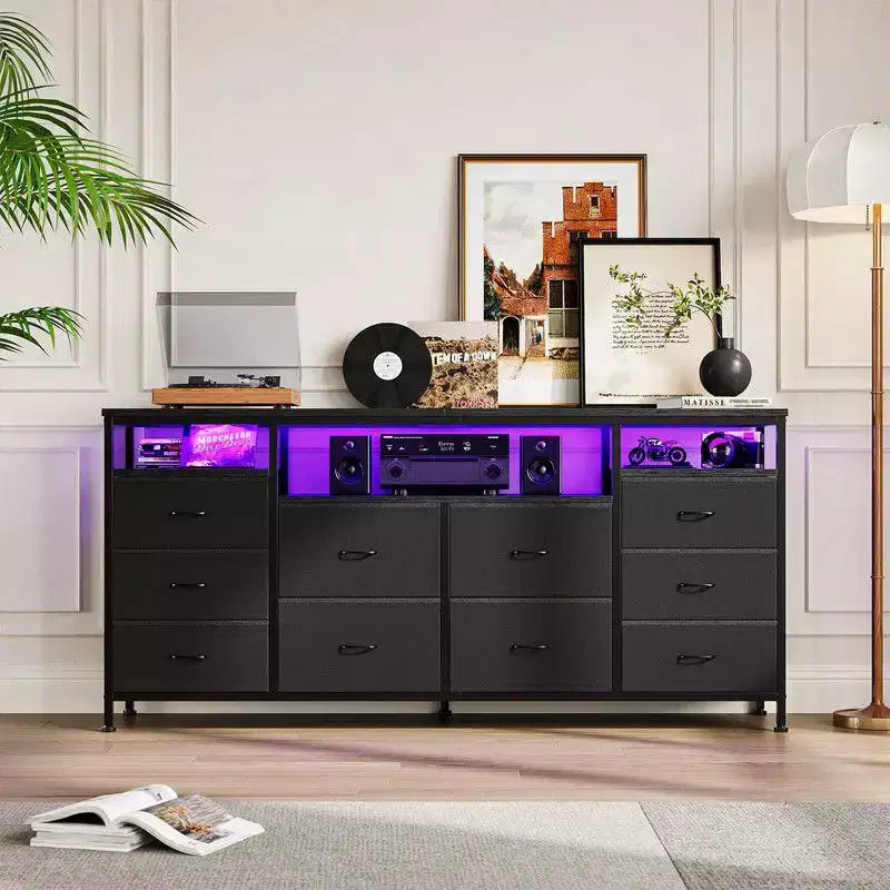 Mobile TV Comò Coolmee da 160 cm con 10 Cassetti, Mobile TV per Televisori da 65 70 75 Pollici, Cassettiera in Tessuto con Luce LED e Presa di Corrente, Centro di Intrattenimento Lungo