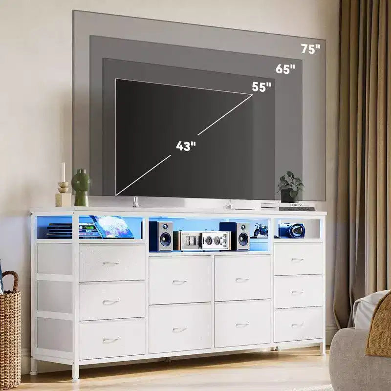 Mobile TV Comò Coolmee da 160 cm con 10 Cassetti, Mobile TV per Televisori da 65 70 75 Pollici, Cassettiera in Tessuto con Luce LED e Presa di Corrente, Centro di Intrattenimento Lungo