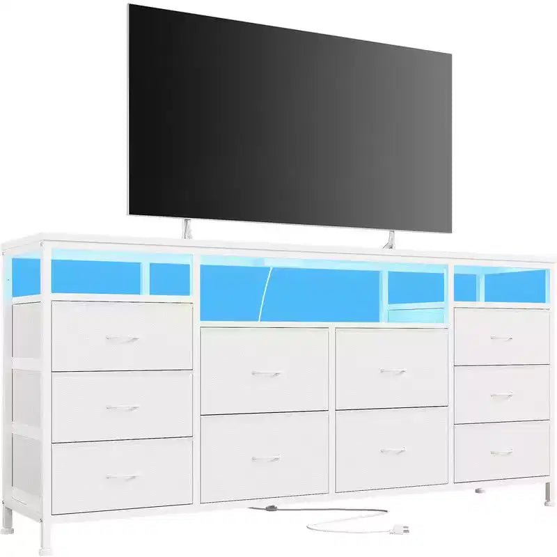 Mobile TV Comò Coolmee da 160 cm con 10 Cassetti, Mobile TV per Televisori da 65 70 75 Pollici, Cassettiera in Tessuto con Luce LED e Presa di Corrente, Centro di Intrattenimento Lungo