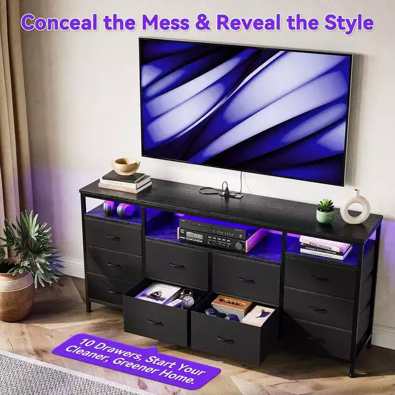 Mobile TV Comò Coolmee da 160 cm con 10 Cassetti, Mobile TV per Televisori da 65 70 75 Pollici, Cassettiera in Tessuto con Luce LED e Presa di Corrente, Centro di Intrattenimento Lungo