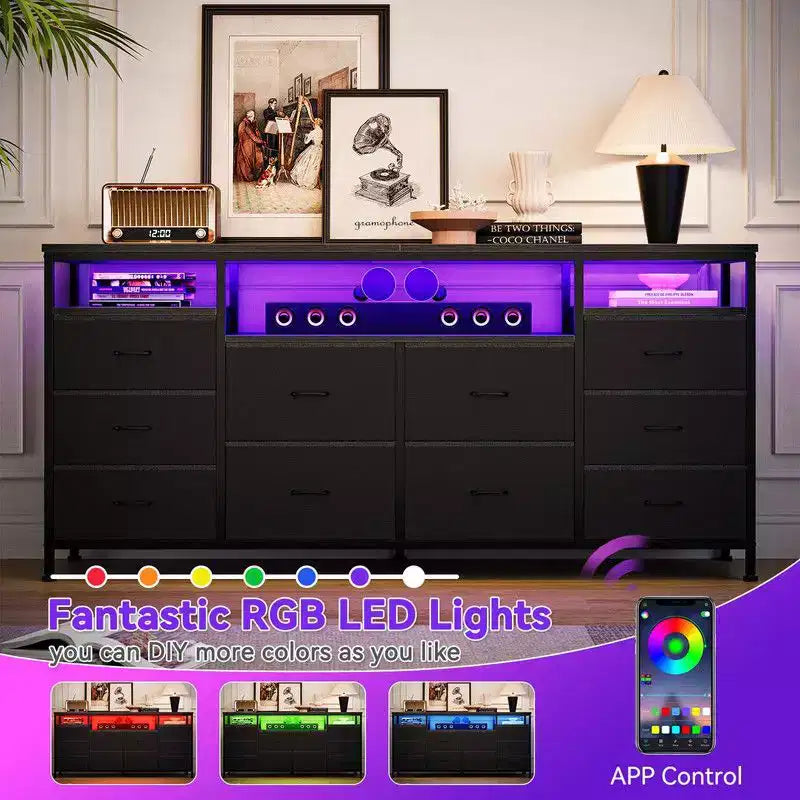 Mobile TV Comò Coolmee da 160 cm con 10 Cassetti, Mobile TV per Televisori da 65 70 75 Pollici, Cassettiera in Tessuto con Luce LED e Presa di Corrente, Centro di Intrattenimento Lungo